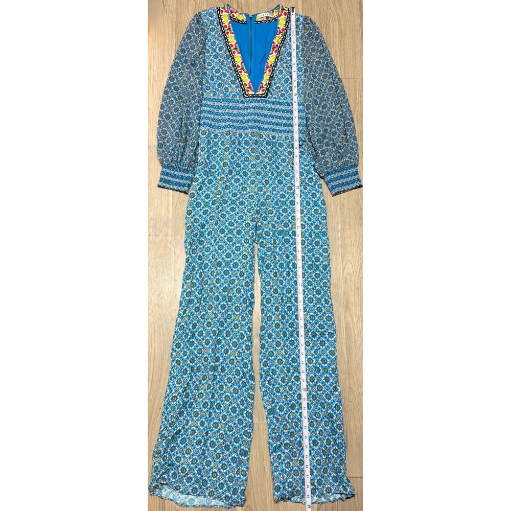 Alice + Olivia Blue Geometric Floral Embroidered Wide Leg Jumpsuit CC205P14804 6